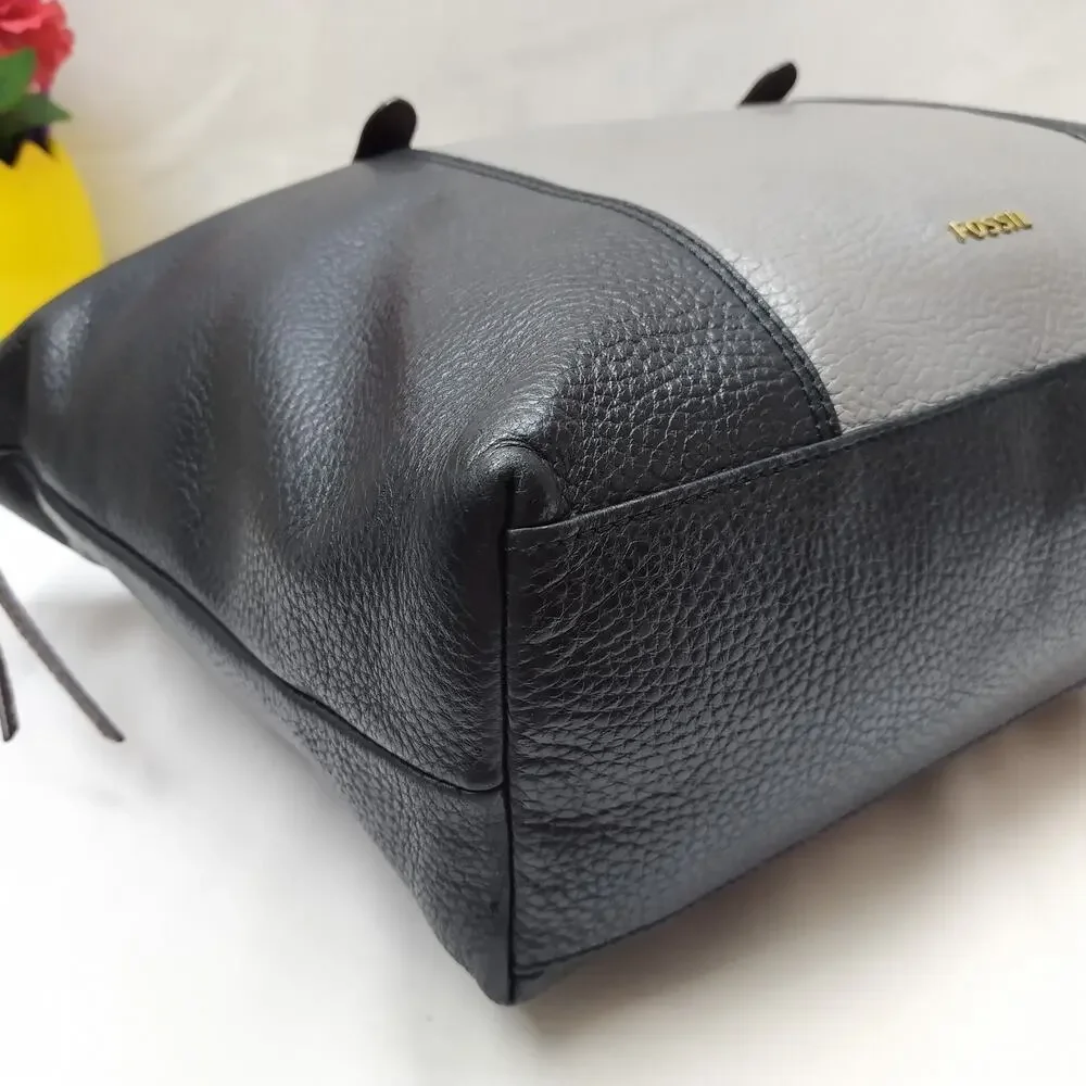 Fossil Colorblock Black Gray Pebbled Leather Double Handle Satchel Shoulder Bag
